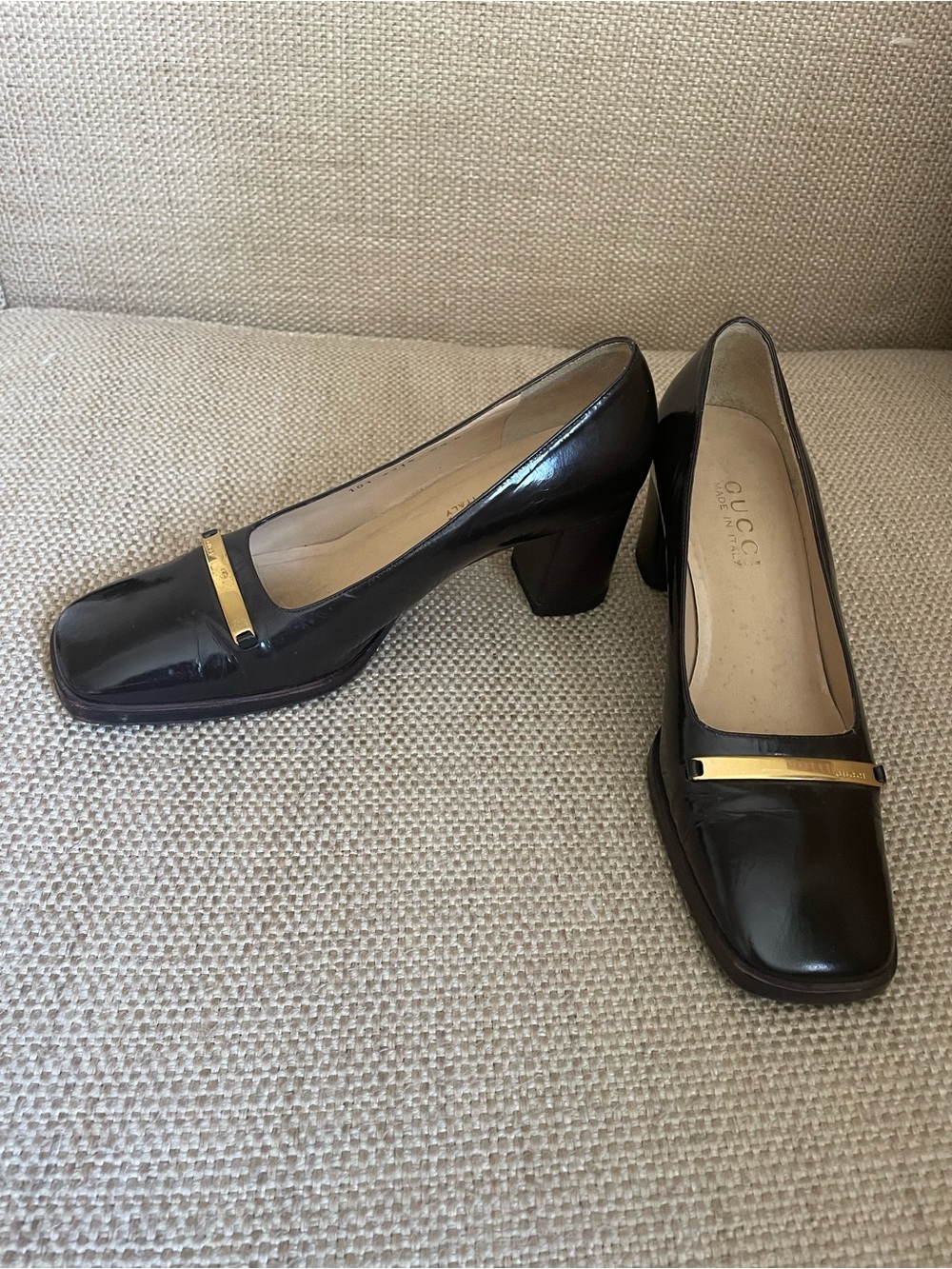 Vintage Gucci Brown Patent Leather Block Heel with Gold Accent